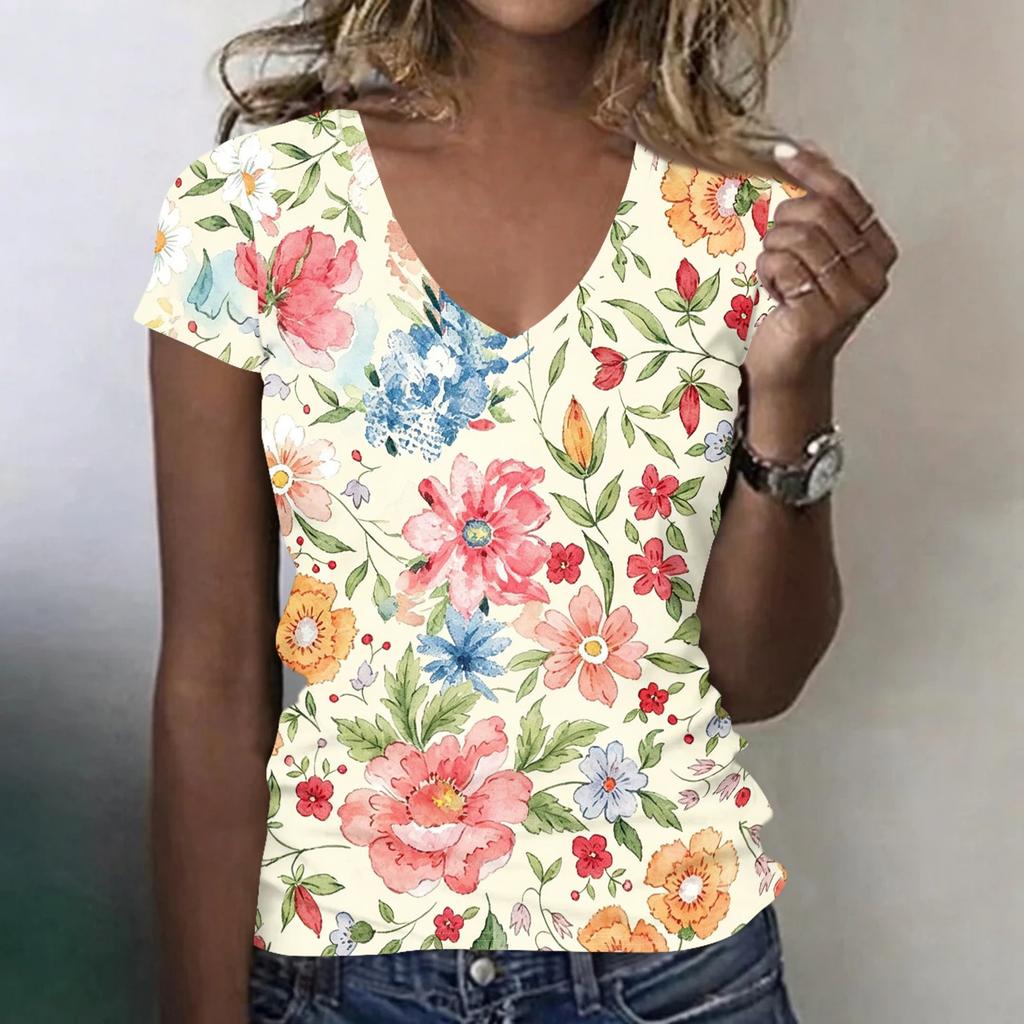 Women V Neck Short Sleeve Floral Print T Shirt Casual Loose Fit Lightweight Soft Fabric Summer Top for Daily Wear