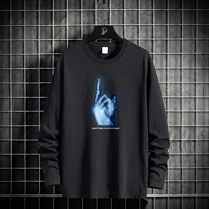 

Весенне-осенняя футболка с длинным рукавом в гонконгском стиле, мужской тонкий молодежный свободный хлопковый свитер с круглым вырезом и принтом XXXXL чёрный