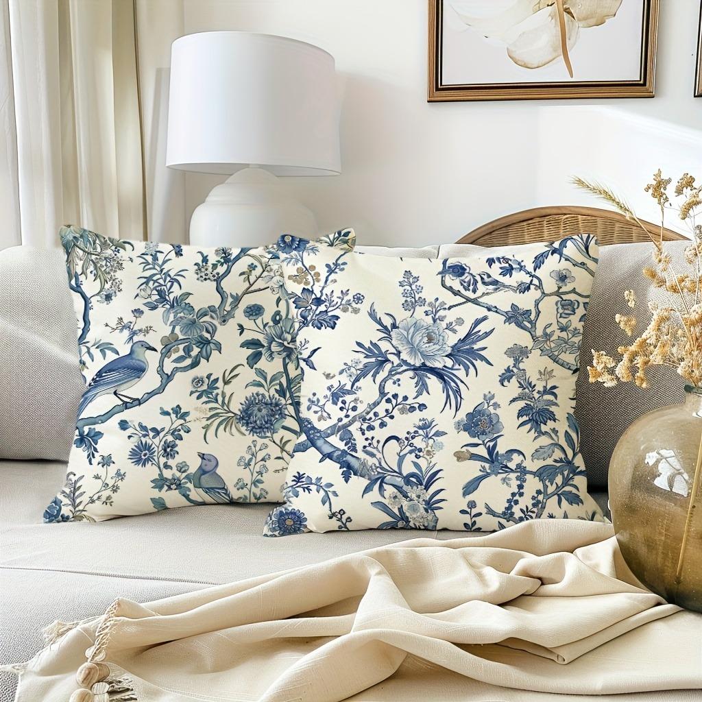 Retro blue floral bird pattern printed pillowcase living room sofa cushion cover bedroom room home decoration