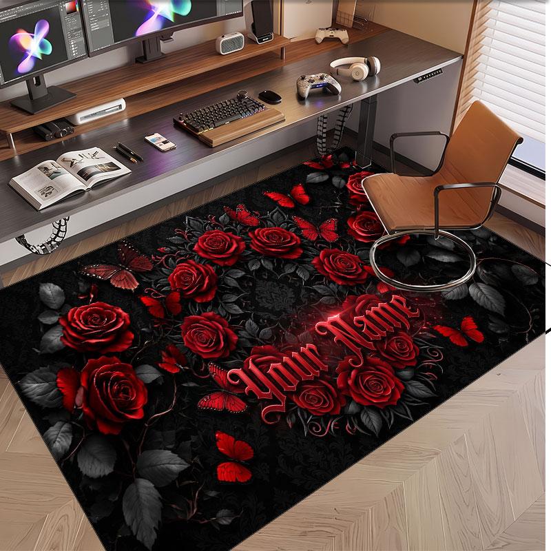 Rose Floral Theme Soft Crystal Velvet Rug Custom Name & Text Print Non Slip Floor Rug for Bedroom Living Room