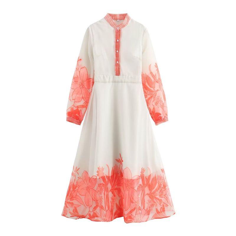 Kaslead New Arrival Women's Clothing Fashion Style Fashion Organza Positioning Print Sheer Long Sleeve Dress