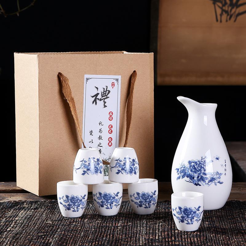 Japanese Sake Set 7 Pieces Sake Set Hand Painted Design Porcelain Pottery Traditional Ceramic Cups Crafts Wine Glasses Gift Box