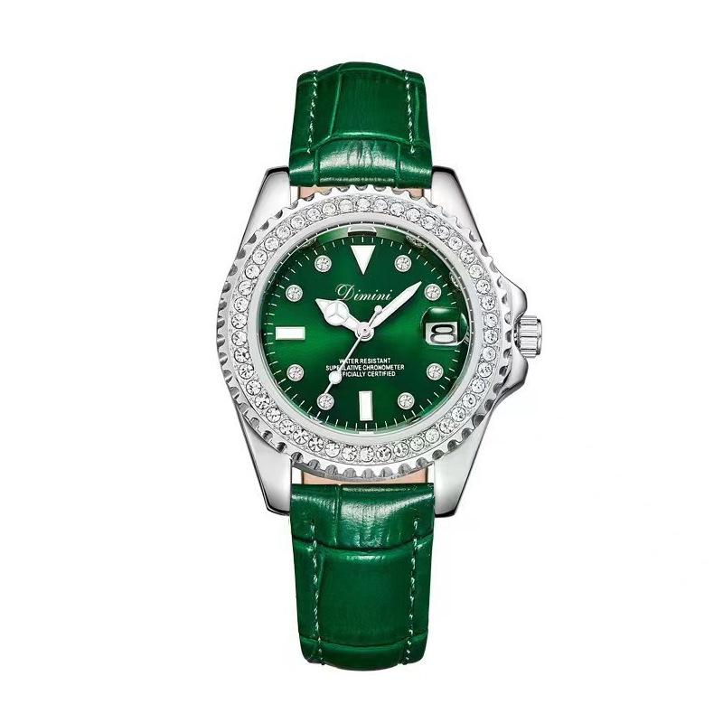 Women's New Green Leather Watch Strap Diamond Ladies Watch Trendy Small Green Watch Steel Strap