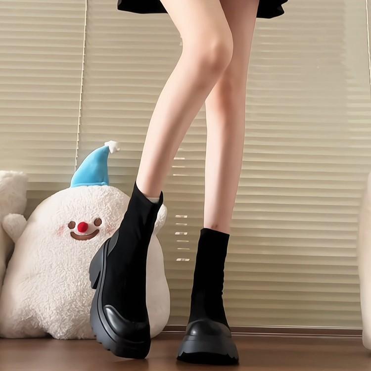 Round Head Thick-soled Martin Boots Women's 2025 British Style Thick Heel Thin Boots Thick Heel Socks Boots Heightening Small Short Boots