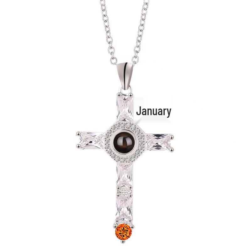 Zircon Cross Projection Necklace with Custom Engraved Text & Photo