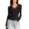 Women's Color V,Neck Lace Trim Blouse With Gathered Waist And Long Sleeves