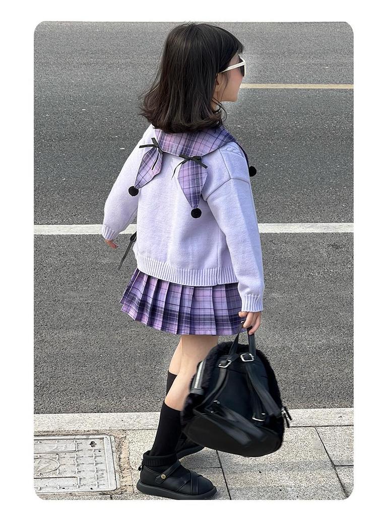 Kuromi School Style Girls' Cosplay Outfit: Sweater, Shirt, Plaid Skirt - Three-Piece Set for Spring/Autumn Performance.