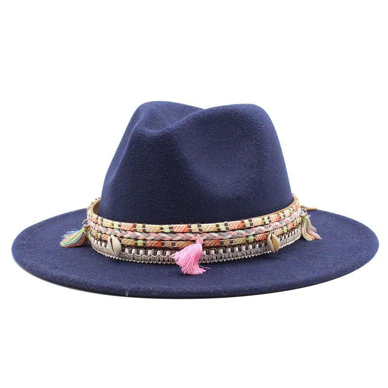 Woolen Top Hat, Fringed Minority Style Jazz Hat, Retro Flat-Brimmed Big Eaves Hat.