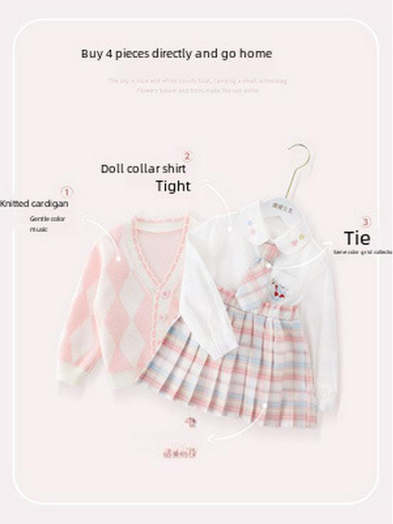 Spring 2023 Girls' JK Plaid Skirt 3-Piece Set: Sweater & College Style Suit