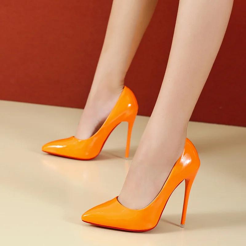 2025 Spring Super High 12cm Stiletto Heels Pumps Women Shoes Pointed Toe Florescence Patent Leather Office Thin Heel