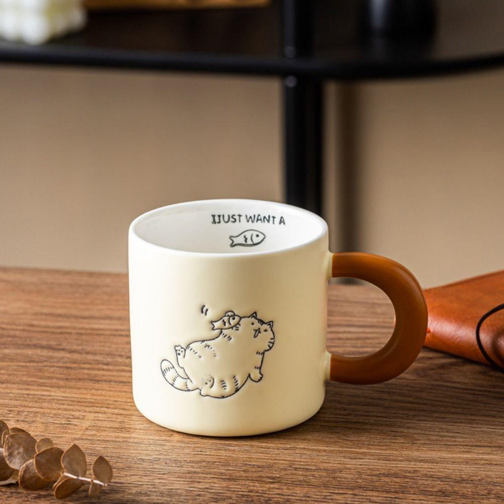 Cute Cat Pattern Ceramic Coffee Cup Hand Drawn Water Cup with Lid  Kitchen Drinkware