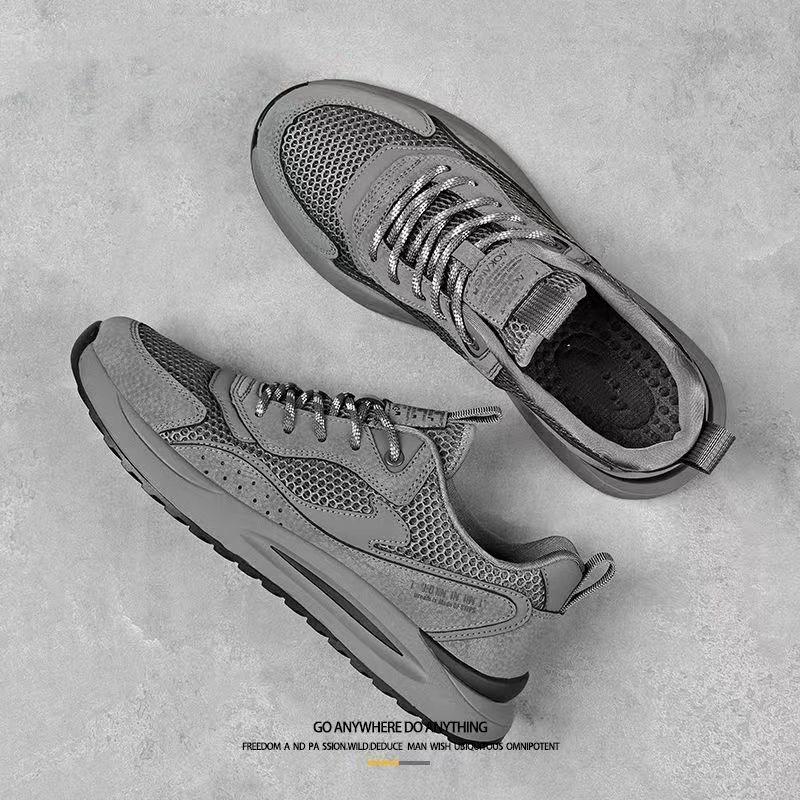 2026 Summer Men s Breathable Mesh Running Shoes - Pigskin Korean Style, Non-slip, Trendy, Versatile Dad Shoes 43 серый