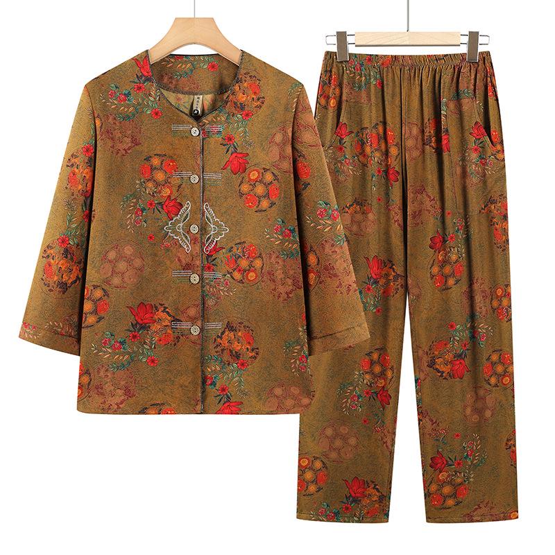 

Grandma s Summer Suit: Mid-Sleeve Two-Piece Set for Middle-Aged and Elderly Women 5XL (140-155 jin) жёлтый