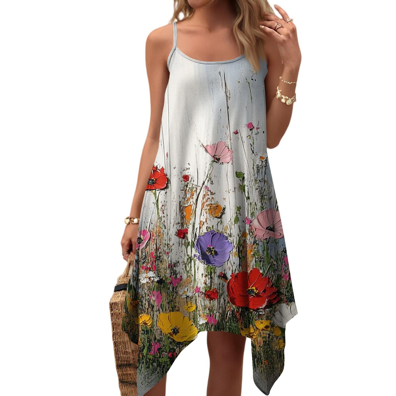 

Женское летнее повседневное винтажное платье на регулируемых бретелях с круглым вырезом и цветочным принтом, с карманами XL белый