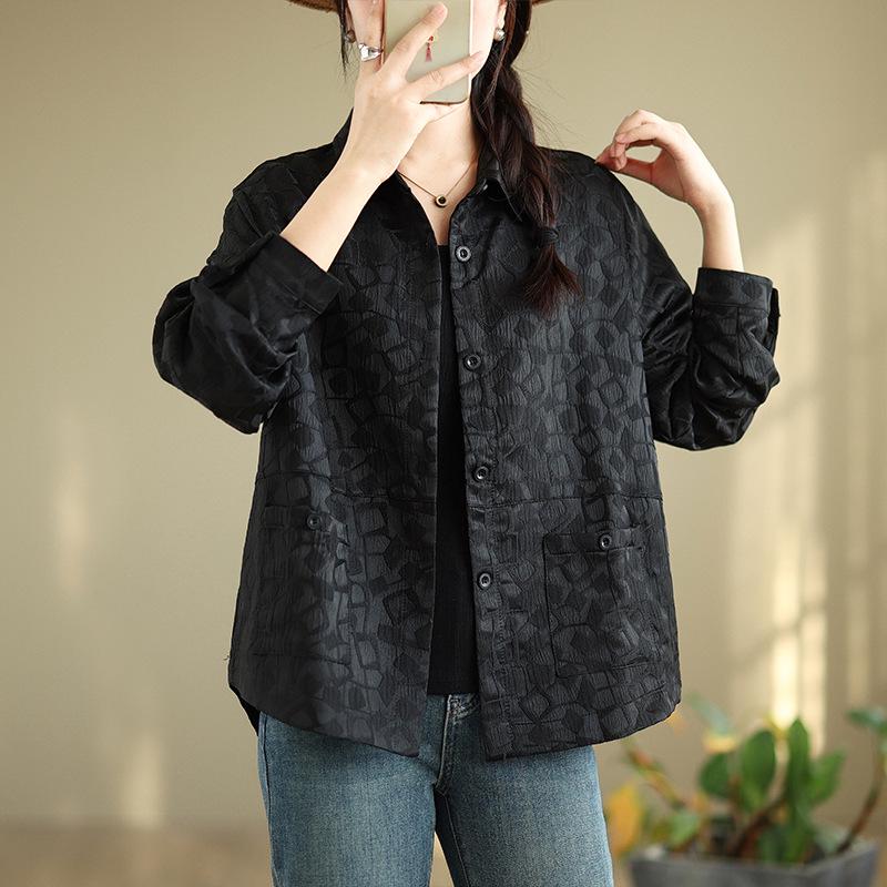 2026 Spring/Fall Women s Plus Size Jacquard Long Sleeve Casual Loose Shirt XL