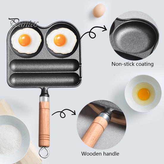 4-Cup Frying Pan Cast Iron Omelette Pan Non-Stick Coating Heat-Resistant Wooden Handle for Even Heating Sausage Pan for Gas Stove
