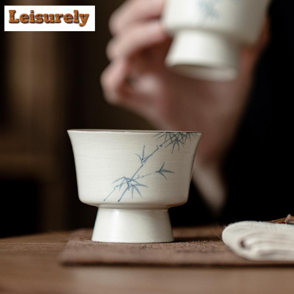 80ml Hand-painted Ink Bamboo Ceramic Teacup Powder Yin White Water Moon Cup Tea Master Cup Tea Bowl Chazhan Kung Fu Teaware Gift