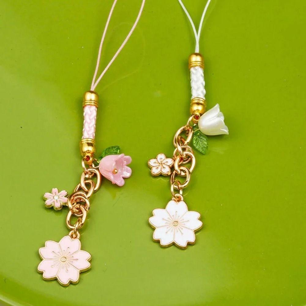 Short Style Mobile Phone Case Keychain Sakura Flower Phone Lanyard Mobile Phone Lanyard  Car Key