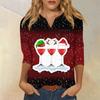 Seven Inch Sleeve Women's Top Printed Retro Fashion Casual Loose V-neck Shirt Christmas