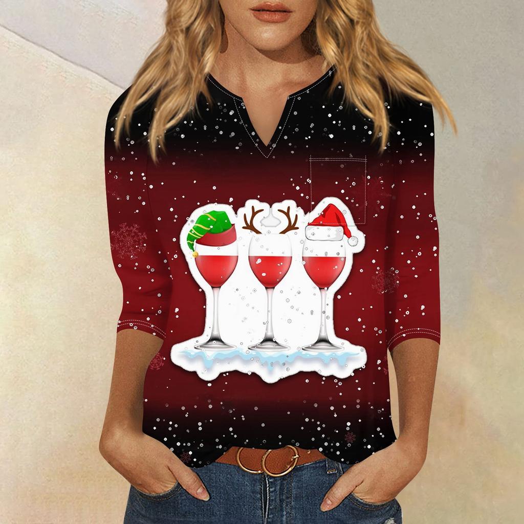 Seven Inch Sleeve Women's Top Printed Retro Fashion Casual Loose V-neck Shirt Christmas