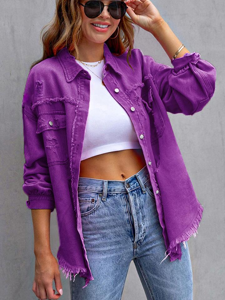 Women's Ripped Denim Jacket - Solid Color, Loose Fit, Long Sleeve, European & American Style