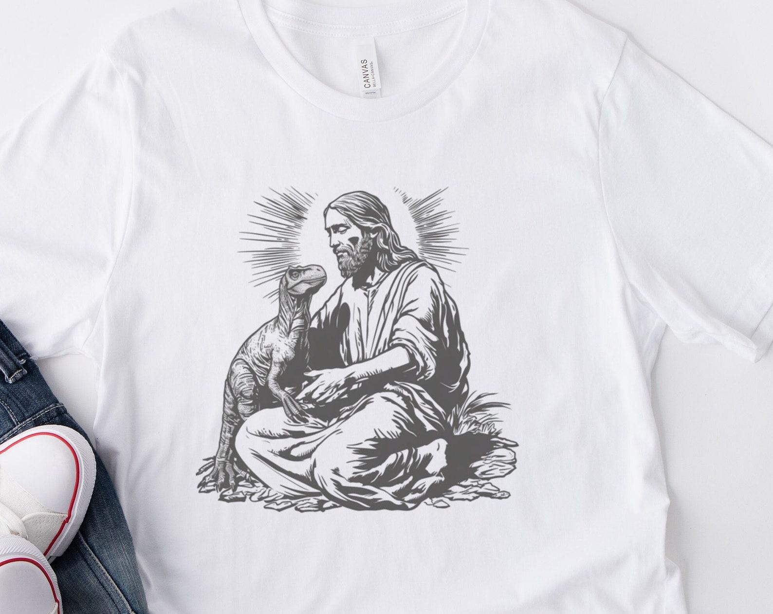 Funny Jesus Holding Dinosaur T-Shirt: Offensive Humor Graphic Tee XL