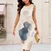 Women Plus Size Round Neck Sleeveless Geometric Printed Bodycon Midi Dress