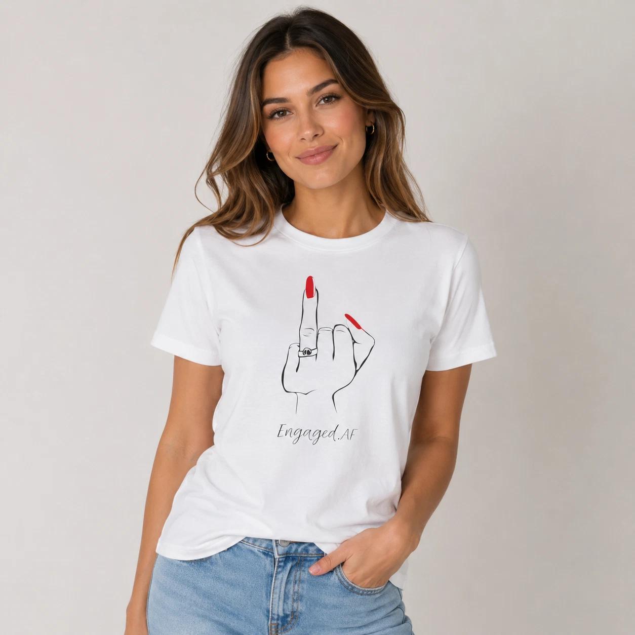 Engaged AF T-Shirt Funny Engagement Ring Middle Finger Tee Gift Unisex White Top S