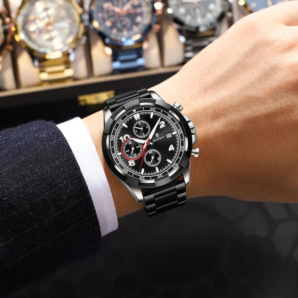 POEDAGAR Fashion Men's Wristwatch Luminous Waterproof Stainless Steel Man Watch Chronograph Date Business Quartz Watches For Men