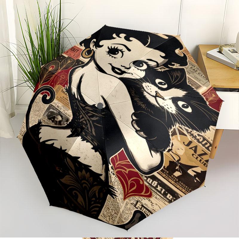Betty Boop Print Automatic Open Close Umbrella, Portable Foldable Umbrella, for Outdoor Commute Camping Trip, Ideal Birthday Gift