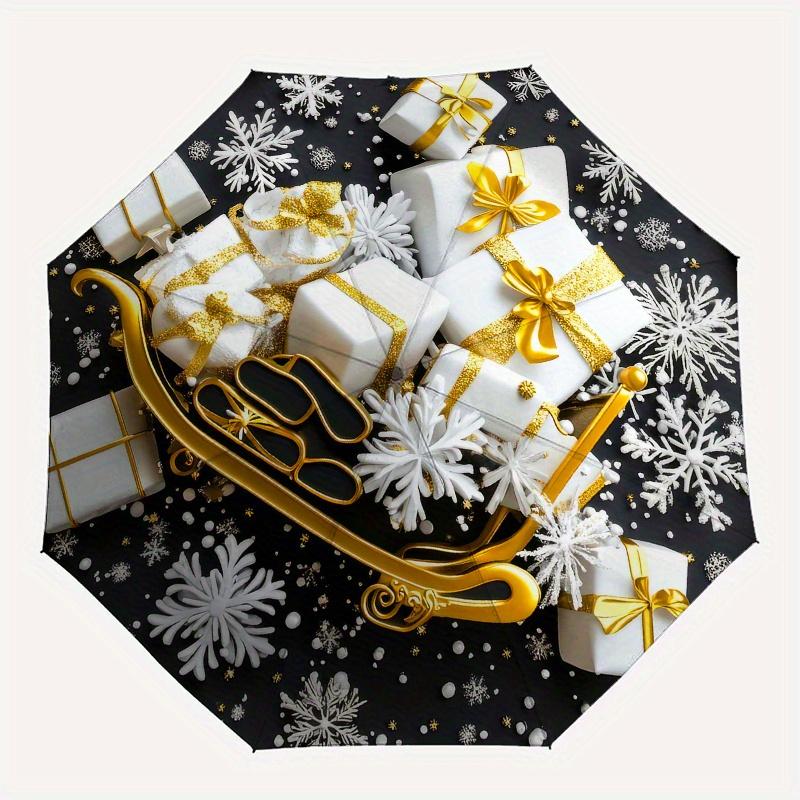 Traîneau Doré avec Cadeaux Emballés et Flocons de NeigeParapluie, Parapluie Compact Pliable 3 fois, Cadeau de Noël ES620