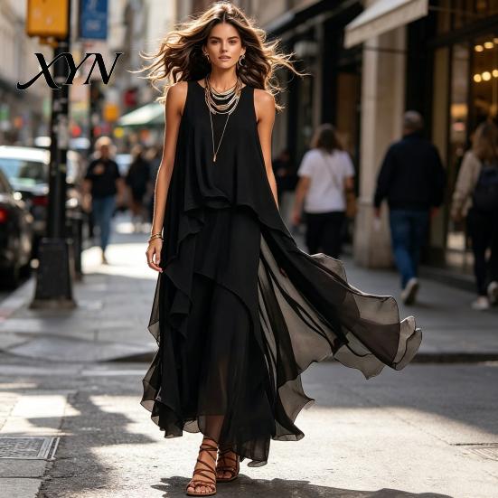 Fat Hiding Loose Dress Women's Flowy Chiffon Dress, Sleeveless Crew Neck Asymmetrical Hem Plus Size Women Long Summer Layered Cocktail Wedding