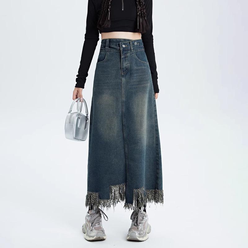 

Women s High-Waisted Denim Midi Skirt - Japanese Style, 2025 Spring/Summer Collection, Slimming Fit, Casual Medium Length with Frayed Hem L синій