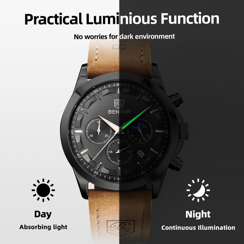 BENYAR Chronograph Watch with Leather and Brown or Black Men's Multi-Calendar Strap, Water-Resistant Scratch-Resistant,