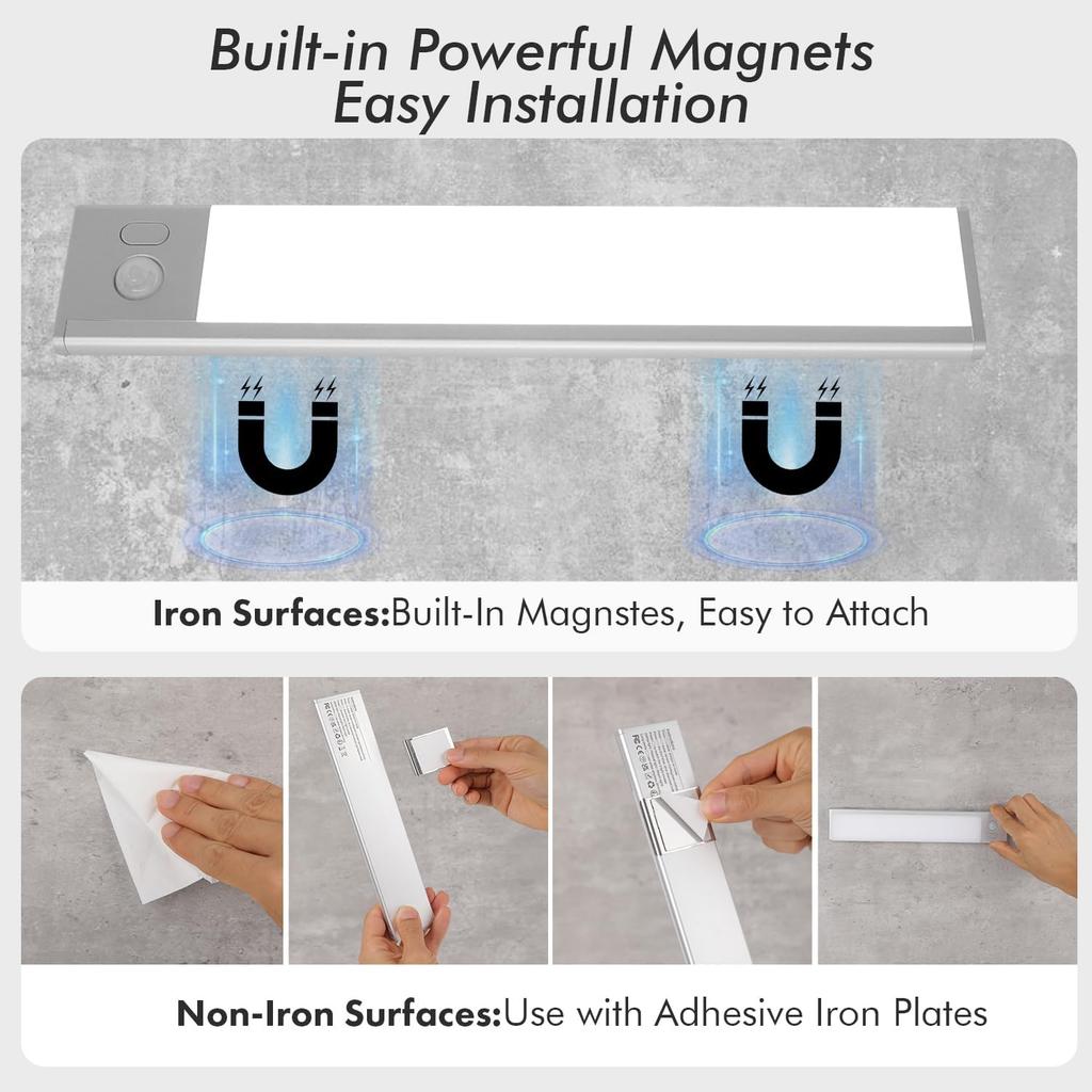 2 Pack Under Cabinet Lighting, 3 Colors & Dimmable Motion Sensor Light Indoor, 900mAh Rechargeable Under Cabinet Lighting Magnetic for Kitchen,
