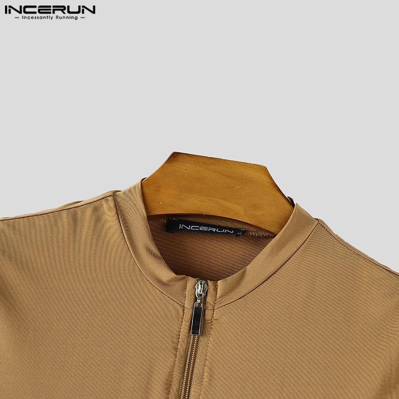 INCERUN Men Short Sleeve Front Zipper Semi-Sheer Jumpsuits Pajamas Sleepwear