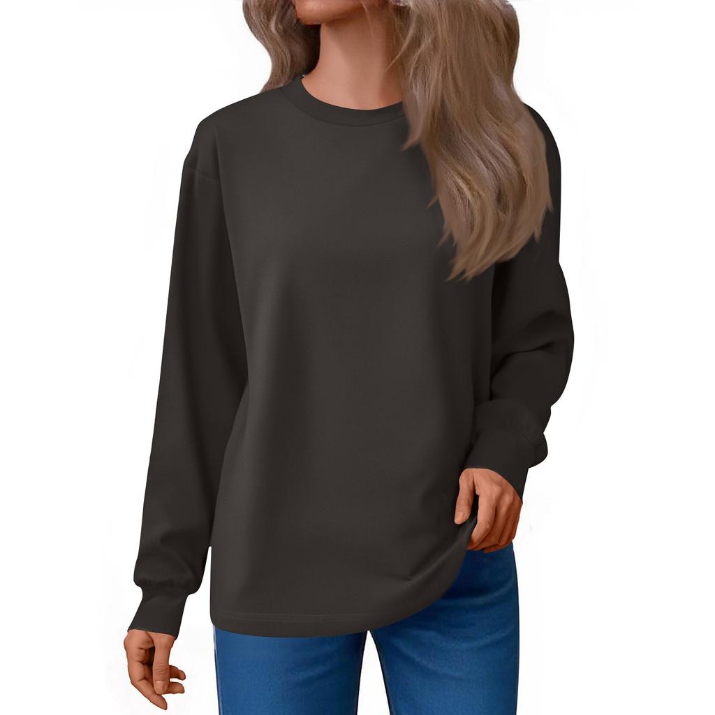 Women's Fashion Loose Round Neck T-Shirt Solid Color Casual Long Sleeve Top