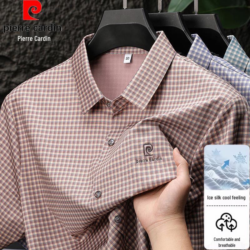 Pierre Cardin Men s Ice Silk Plaid Short-Sleeve Shirt M