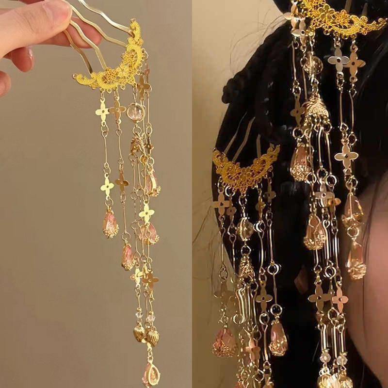 Chinese Hanfu Hair Accessories For Women Floral Tassel Hair Forks Traditional Bride Hairpin Vintage Headdress