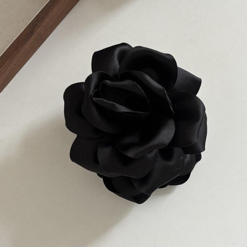 French Satin 3D Rose Flower Hair Claw Elegant Women's Shark Clip Updo Hair Accessory
