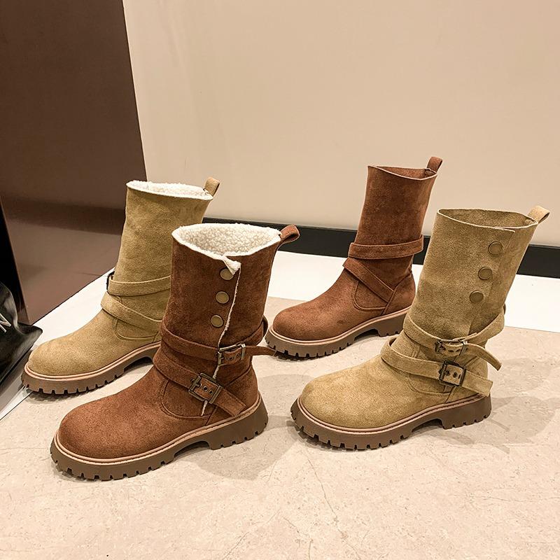 Fashion Thicken Plush Snow Boots for Women Winter Faux Fur Platform Ankle Boots Woman Mid-calf Buckle Snow Boots Cotton Shoes I08