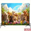 2D Adorable Dogs and Cats Party Tapestry Colorful Garden with Blooms and Rainbow Art Print