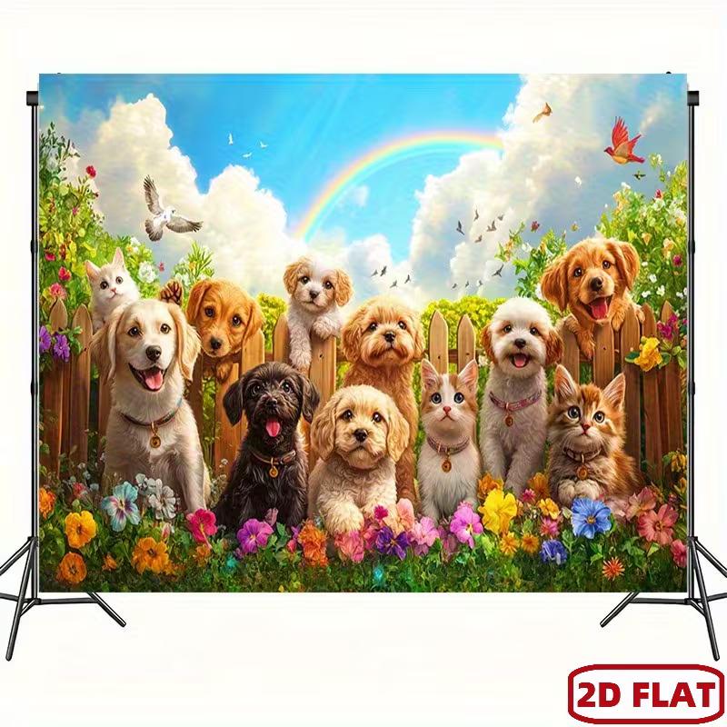 2D Adorable Dogs and Cats Party Tapestry Colorful Garden with Blooms and Rainbow Art Print