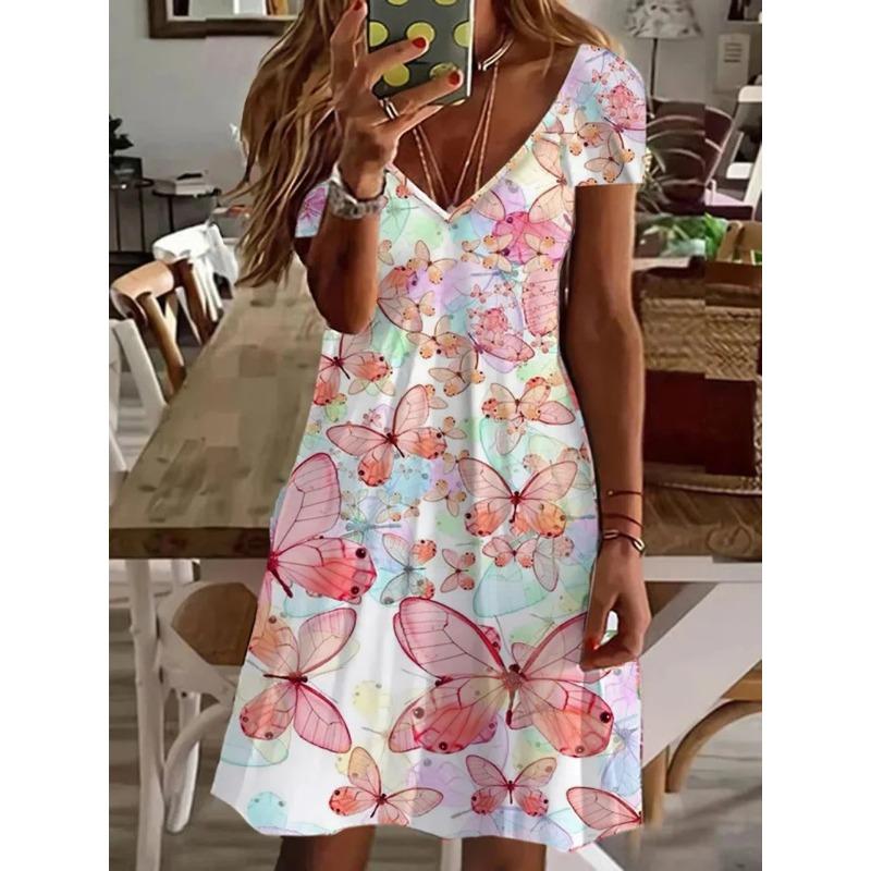2025 New Casual Print Short Sleeve Dress Women's Fashionable Elegant Style