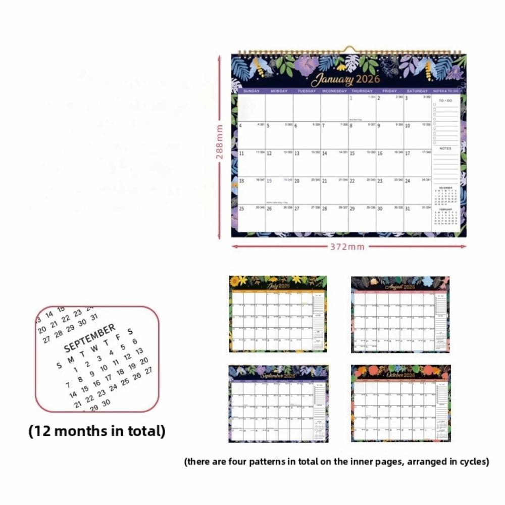 New 2026 Jan.- Dec. Wall Calendar 12-Month Flower Pattern Hanging Calendar Wall Mount Spiral Binding Wall Planner Office Use
