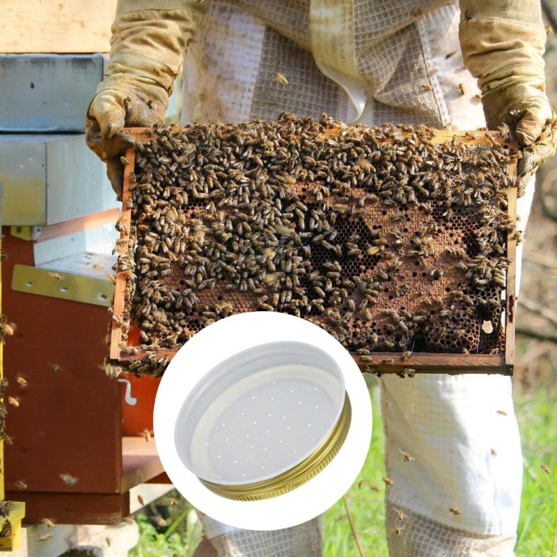 10Pcs Bees Entrance Feeders Perforated Iron Jar Lid Bees Hives Waterer Bees Canning Feeder Beekeeping Supplies