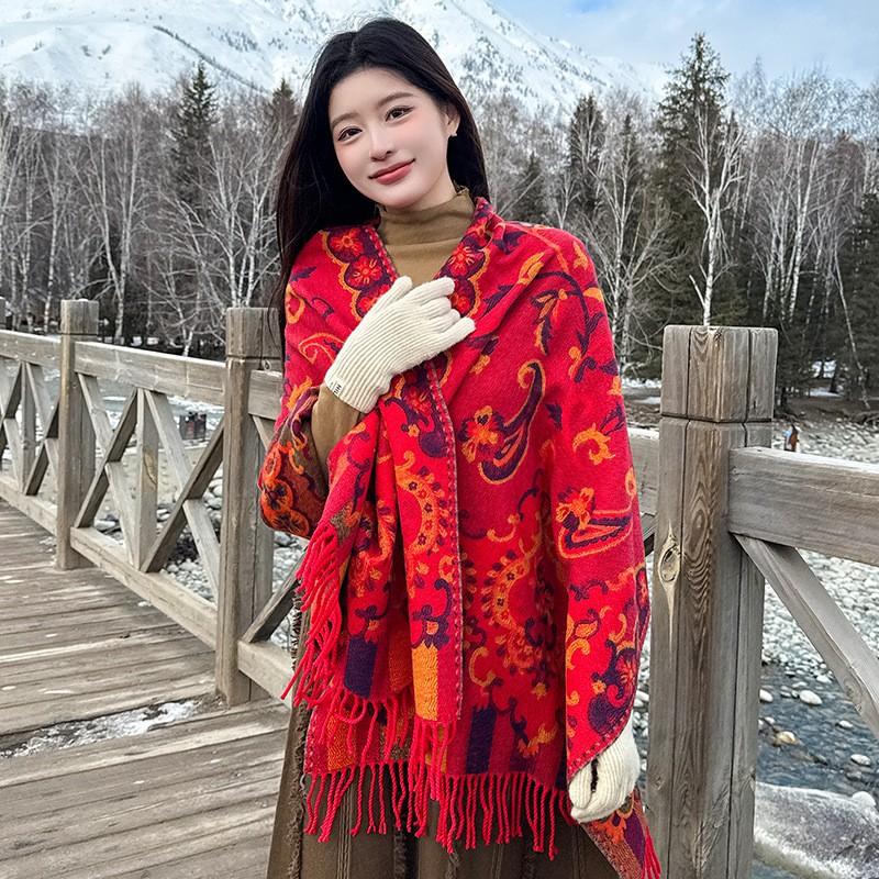 Womens Winter Oversized Shawl Wrap Scarf Boho Ethnic Print Faux Cashmere Warm Blanket With Tassels