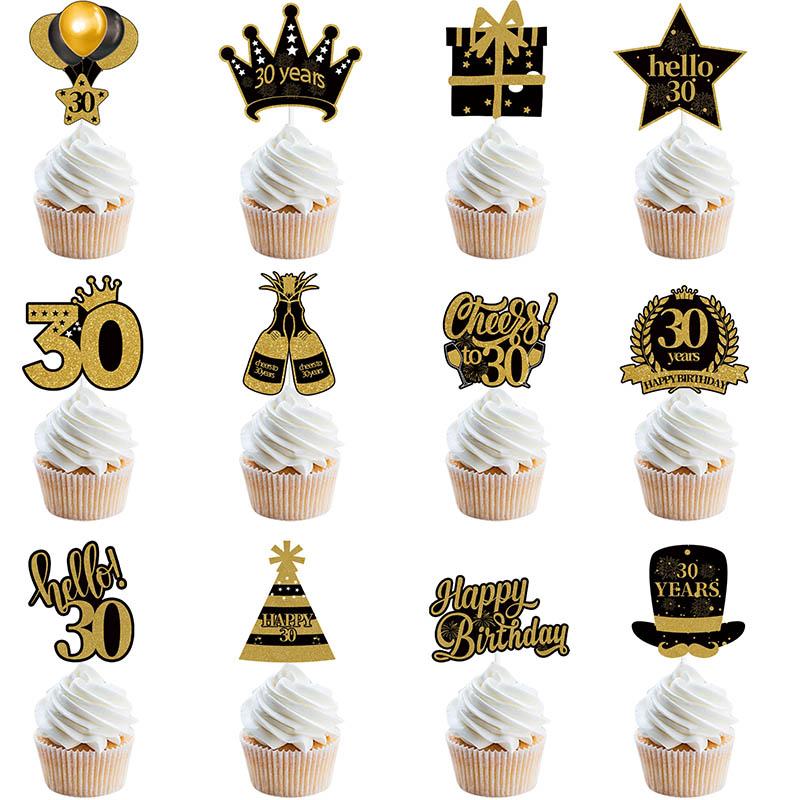30th 40th 50th 60th Birthday Party Black Gold Cupcake Toppers 30 40 50 Years Old Birthday Party Cake Decoration Adult Party Gift