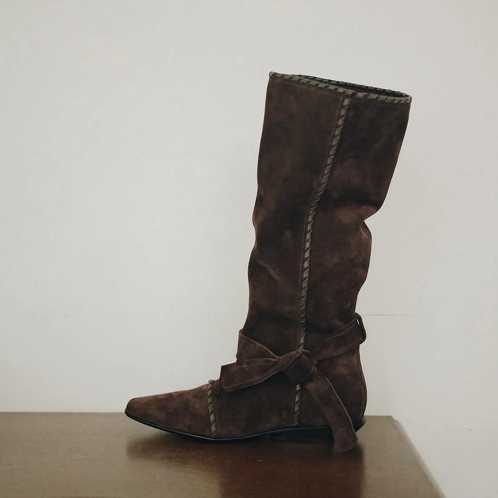 Sheepskin Version~ European and American Style Niche Pointed Hand-strung Rope Western Cowboy Boots Women's Autumn and Winter New Medium and High Boots