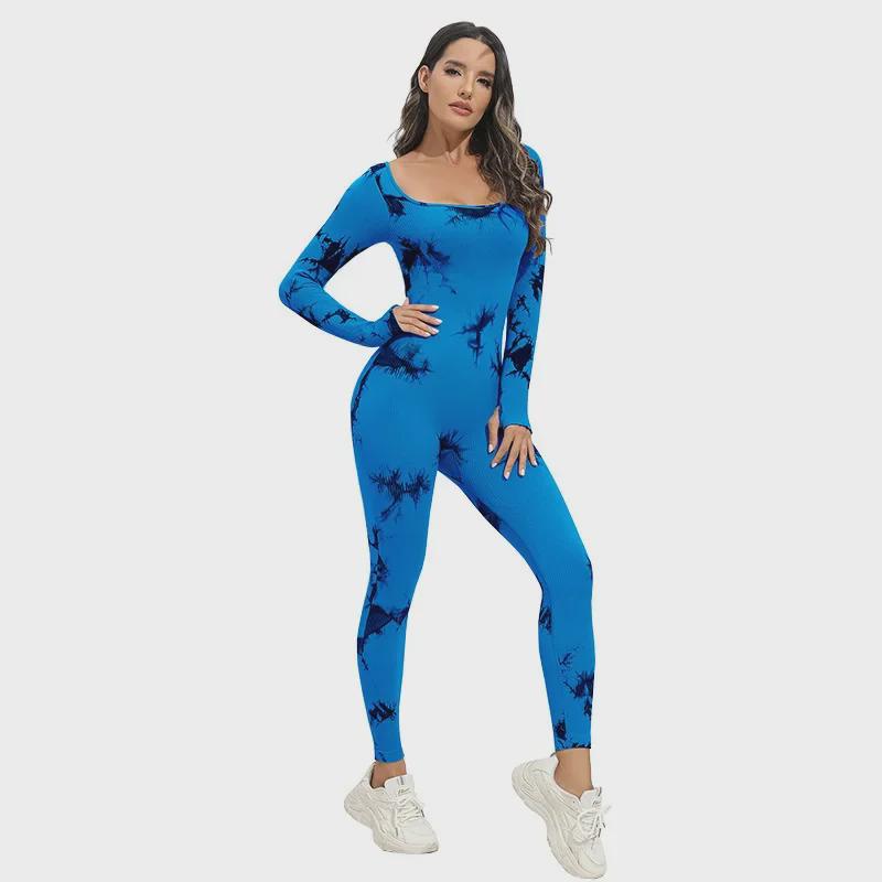 Tie-Dye Square Neck Long-Sleeve Seamless Yoga Jumpsuit